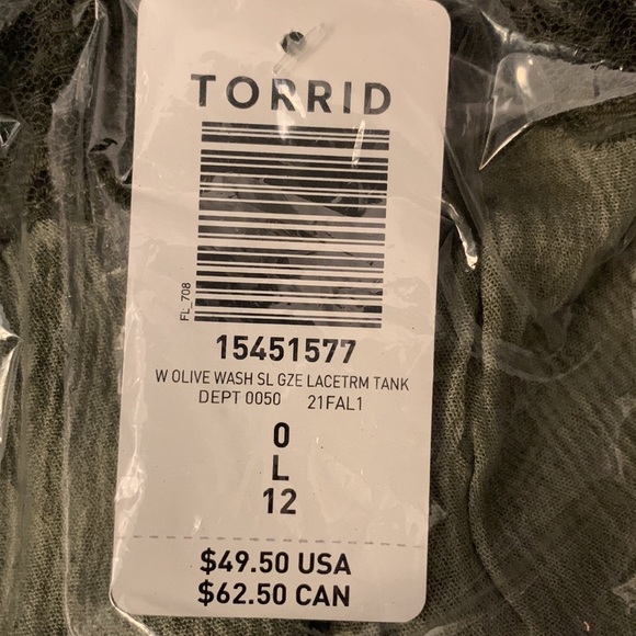 Torrid olive green lace trim gauze mineral wash tank. Super cute! NWT - Picture 6 of 6
